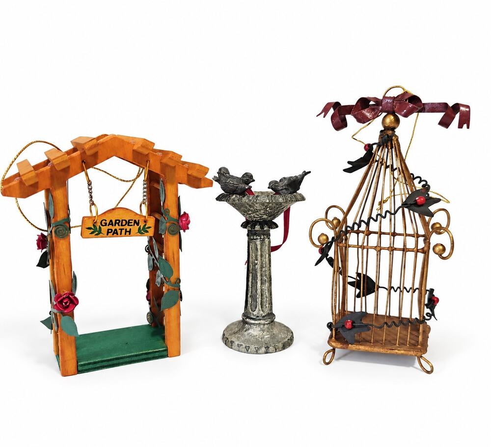 Set of Three Christmas Ornaments Garden Arbor Birdbath Birdcage Cottage Holiday